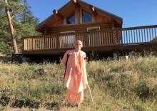 Bhakti Raghava Swami in front of Temple Cabin